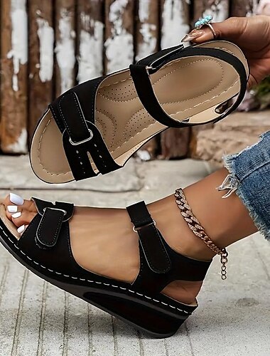  Damen Sandalen Sandalen mit Keilabsatz Täglich Urlaub Blockabsatz Peep Toe Urlaub Brautkleider schlicht Komfort PU Klettverschluß Schwarz Rot Braun