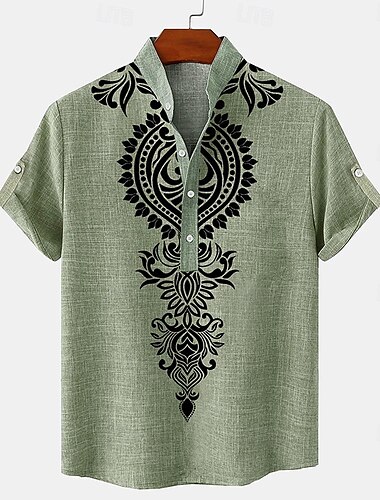  Herren leinenhemd Henley Shirt Retro-Shirts Vintage-Shirt Ethnisches Hemd Ethnisch Urlaub Täglich Grün Khaki Beige Kurzarm Mandarinkragen Sommer Frühling Bekleidung Bedruckt