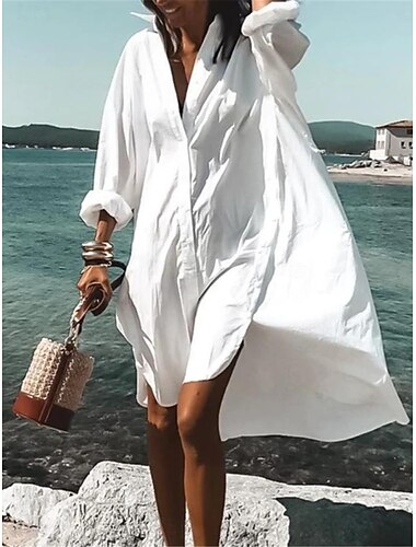  robe chemise blanche pour femme robe midi rendez-vous vacances plage décontracté col chemise bouton imprimé manches longues été printemps coupe ample floral