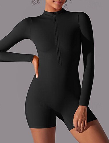  Damen Overall Trainingsanzug Einteiler Zip Feste Farbe Bodysuit Einteiler Schwarz Weiß Yoga Fitness Fitnesstraining Hoher Taillenbund Atmungsaktiv Weich Langarm Sport Sportkleidung Mikro-elastisch