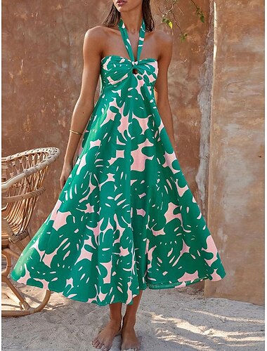  kvinders afslappet kjole swing kjole underkjole blomstret blad med rygfri print halter neck lang kjole maxikjole stilfuld afslappet daglig date ærmeløs sommer
