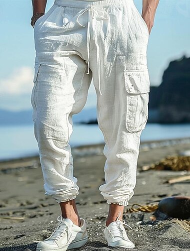  Bărbați Pantaloni Cargo Pantaloni de in Pantaloni Pantaloni de vară Pantaloni de plajă Cordon Talie elastică Multi Buzunare Simplu Confort Respirabil Lungime totală Casual Zilnic Concediu Modă Stil