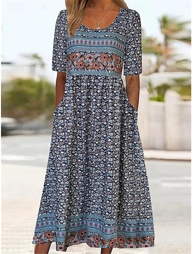  Damen Midikleid Casual kleid Sommerkleid Boho-Kleid Ethnisch Brautkleider schlicht Urlaub Täglich Verabredung Regular Fit Blumen Kurzarm Rundhalsausschnitt Weiß Marineblau Königliches Blau Blau Sommer