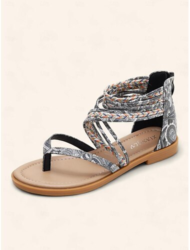  mehrfarbige geflochtene Boho-Sandalen für Damen – offene, flache Sommerschuhe mit Tribal-Riemen, perfekt für Freizeitausflüge und als Strandbekleidung