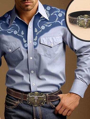  florales Vintage Western Style Herrenhemd mit Gürtel Westernhemd Outdoor Street Casual Daily Herbst & Winter Turndown Langarm Schwarz Blau Braun S M L Hemd