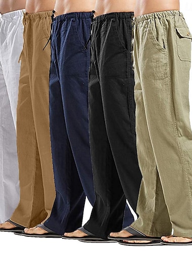  Herr Linne Byxor Långbyxor Sommarbyxor Strandbyxor Ficka Snörning Elastiskt midjeband Slät Komfort Andningsfunktion Fullängd Dagligen Streetwear Mode Ledig / Sportig Lös passning 다크 카키 Svart