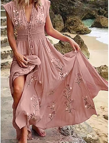  robe midi femme bohème col en V broderie florale taille élastique cordon de serrage manches courtes plage vacances rose confortable coupe régulière décontracté vêtements d'été vêtements
