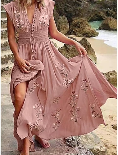  Femme Robe casual Robe Trapèze Floral Imprimer Col V Robe mi-longue Bohème Vacances Manche Courte Eté