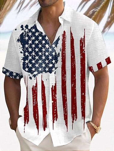  Amerikanska självständighetsdagen Herr Amerikanska flaggan Landsflagga Knapp upp skjorta Kortärmad Hawaiisk Ledigt Tillflykt Utomhus Ledigt Helgdag Sommar Vår Nedvikt Mönster Vit