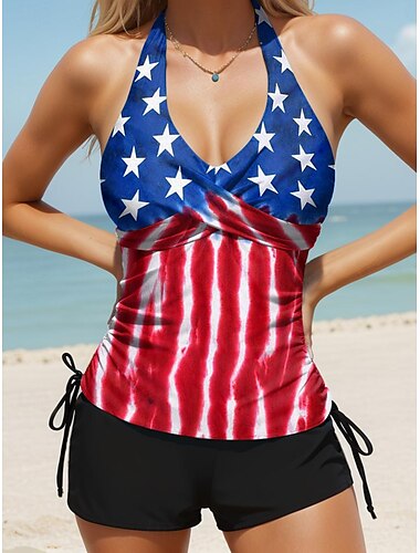  Onafhankelijkheidsdag Vrouwen Badmode Patriottische Vierde Juli Tankini 2-delig Badpak Amerikaanse Vlag Print Vakantie Badpakken