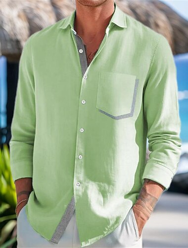  Herren Hemd leinenhemd Sommerhemd Strandbekleidung Knopfhemd Gelb Blau Grün Langarm Farbblock Kragen Frühling Sommer Casual Täglich Bekleidung