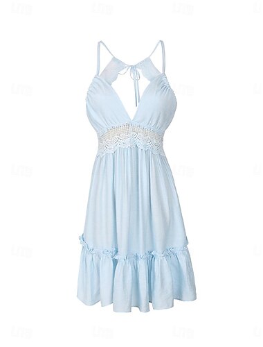  Per donna Abito di pizzo Mini abito Pizzo Collage Da mare Spiaggia Sensuale Informale Con bretelline Senza maniche Nero Bianco Blu scuro Colore