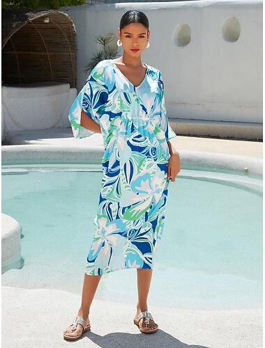  בגדי ריקוד נשים שמלת כפתן שמלה הדפסה שמלת מידי שמלת מידי פול חצי שרוול פרח / צמחים דפוס אביב קיץ צווארון V סגנונות חוף חוף XS S M