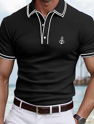  Men's Polo Shirt Golf Shirt Work Casual Lapel Ribbed Polo Collar Short Sleeve Basic Modern Color Block Patchwork Button Spring & Summer Regular Fit Black Burgundy Navy Blue Polo Shirt