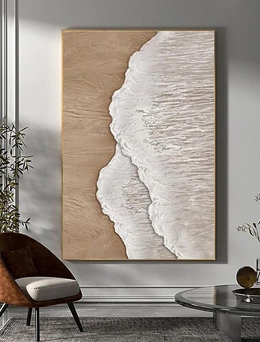  fait à la main 3d beige minimaliste plage peinture océan vague peinture sur toile océan art abstrait texturé mur art mural art salon art encadré prêt à accrocher