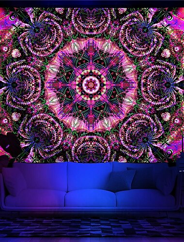  Schwarzlicht Wandteppich UV reaktiv im Dunkeln leuchtend Party Neon Mandala Boho Psychedelisch Trippy Misty Hängeteppich Wandbild Wandbild für Wohnzimmer Schlafzimmer
