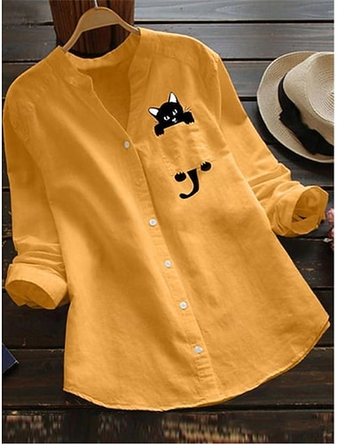  Női Ing Pamut vászon ingek Blúz Műpamut ágynemű Nyomtatott Cica Alap Modern V-alakú Napi Fehér Sárga Katonai zöld Rubin Nyár