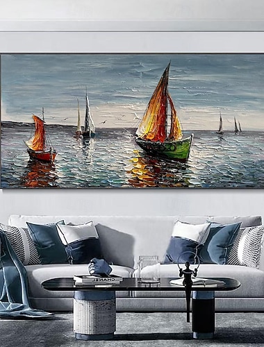  handgefertigtes Ölgemälde auf Leinwand, Wandkunst, Dekoration, moderne abstrakte Seesegelboot-Segellandschaft für Wohnzimmer, Heimdekoration, gerolltes, rahmenloses, ungedehntes Gemälde