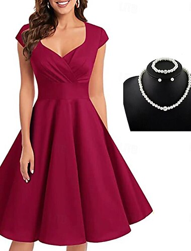  Retro Vintage 1950er Rockabilly A-Linie Kleid Ausgestelltes Kleid Einfarbig Damen Party / Abend Maskerade Junggesellinnenabschiedsparty Erwachsene Kleid Ohrringe Kopfbedeckung Frühling & Sommer