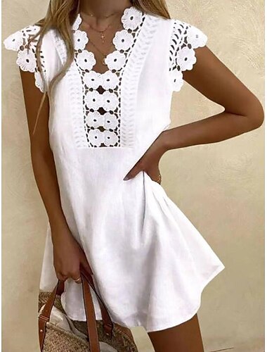  Femme Noir Blanche Eté Printemps Mini robe robe blanche Robe dentelle Robe d'été basique Décontractées du quotidien Fin de semaine Standard Plein Col V