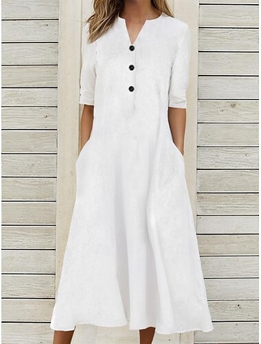  Γυναικεία Λευκό φόρεμα Φόρεμα από λινό Λευκό βαμβακερό φόρεμα Μακρύ φόρεμα Κουμπί Τσέπη Καθημερινό Καθημερινά Διχασμένος λαιμός Μισό μανίκι Καλοκαίρι Άνοιξη Μαύρο Λευκό Σκέτο