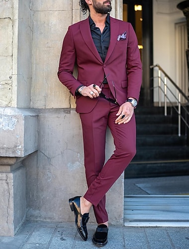  عنابي داستي بلو ملك الرجال زفاف بدلة لون سادة 2 قطعة مجموعة الأعمال التجارية رسمي ملابس عمل قالب مثالي زر واحد برستد 2024
