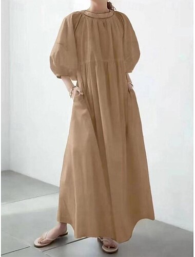 Damen Schwarz Weiß Kaki Sommer Frühling Maxidress Weißes Kleid Baumwoll-Leinenkleid Basic Modern Täglich Wochenende Lockere Passform Glatt V Ausschnitt