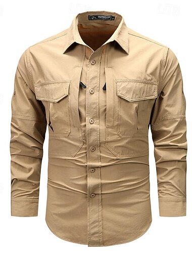 Homens Camisa Social Camisas de trabalho camisa de botão Camisa de carga Preto Caqui Verde Tropa Cinzento Manga Longa Tecido Aberto para a Lateral Férias Feriado Bolso frontal Roupa Moda Casual