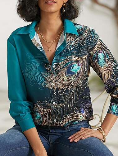  Chemise Femme Basique Imprimé Boutons Néon  Lumineux Manches Longues Tops Réguliers Col Chemise Casual Vert Printemps Automne