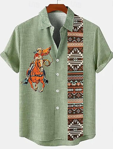  Herren leinenhemd Retro-Shirts Vintage-Shirt Ethnisches Hemd Western Outdoor Casual Blau Braun Grün Kurzarm Ständer Sommer Frühling Bekleidung Bedruckt