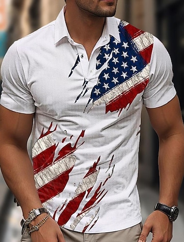  Amerikanska självständighetsdagen Herr Amerikanska flaggan Veteraner Våffelpikétröjor Golftröja Kortärmad Polotröjor Skjortor med krage Ledigt Streetwear Semesterkläder Festkläder Knappar 3D-utskrift