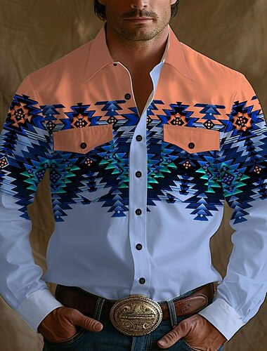  Voor heren Aztec Tribal Ethiek / Afrikaans Westers overhemd Cowboyshirt Lange mouw Vintage Western stijl Tribal Buiten Vakantie Paardenrace Lente zomer Strijkijzer Afdrukken Button-omlaag Geel Oranje