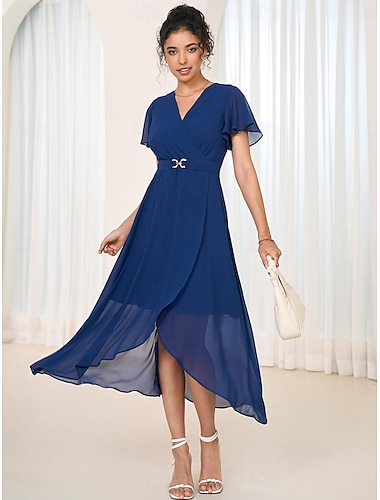  Dames Elegante jurk Halflange jurk Chiffon Geplooid Ruche Feest Bruiloft gast Cocktailparty Elegant Strakke ronde hals Mouwloos Donkerblauw Kleur