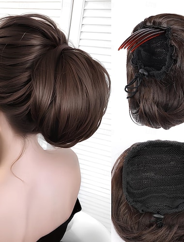  Moño de pelo desordenado, moño corto con cola de caballo, peine con cordón, extensión de moño con clip para mujer, pieza de pelo sintético, moño, moño recogido para fiesta diaria