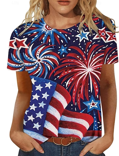  女性用 Tシャツ アメリカの国旗 プリント 週末 アメリカ独立記念日 ファッション 半袖 ラウンドネック ブラック 夏