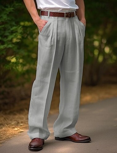  Herren Leinenhose Hose Hosen Sommerhosen Vordertasche Falten Gerade geschnitten Glatt Komfort Atmungsaktiv Casual Täglich Festtage Modisch Basic Schwarz Weiß