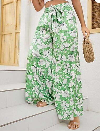  Damen Breites Bein Hosen Hose Casual Lang Blumen Weite Hosen Bedruckt Atmungsaktivität Komfortabel Mikro-elastisch Ausgehen Wochenende Schwarz Gelb Leicht Grün Grün Frühling Sommer Lockere Passform