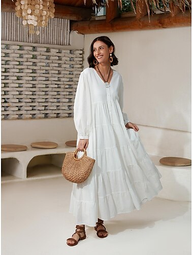  Damen Lockeres Kleid Resort-Kleidung Weiß Langarm Solide / einfarbig Lang Frühling & Herbst V Ausschnitt Strand Design Urlaub XS S M