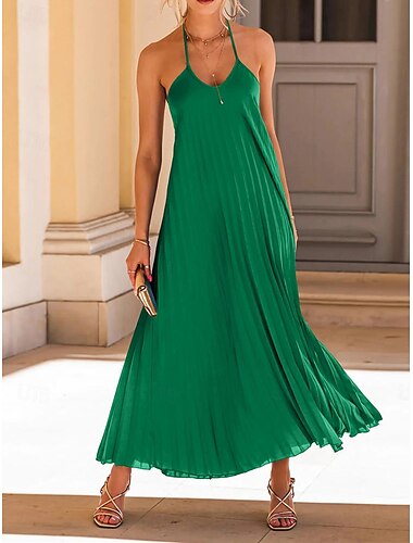  Dames Casual jurk Maxi-jurk Blote rug Afspraakje Vakantie Streetwear Maxi Spaghettibandjes Mouwloos Zwart Fuchsia Groen Kleur