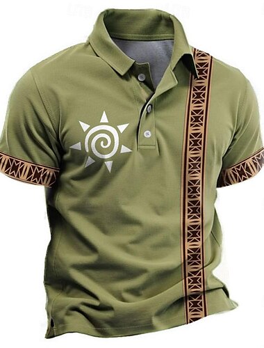  Herren Stammes Poloshirts Golfshirt Kurzarm Polo-Shirts Hemden mit Kragen Urlaubskleidung Party-Outfits Knöpfe 3D-Druck Sommer Frühling Schwarz Grün Khaki