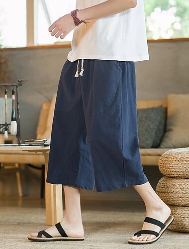  Herren Leinenhose Haremshose Caprihose Tasche Einfarbig Sport Wadenlänge Arbeit Casual Brautkleider schlicht Lockere Passform Schwarz Wein Unelastisch