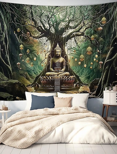  boho boeddha levensboom hangend tapijt kunst aan de muur groot tapijt muurschildering decor foto achtergrond deken gordijn thuis slaapkamer woonkamer decoratie