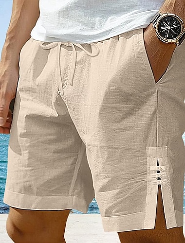  Herren Shorts Kurze Hosen Leinenshorts Kurze Hosen Sommer-Shorts Taste Gespleisst Vordertasche Glatt Komfort Atmungsaktiv Knielänge Party Outdoor Casual Modisch Basic Weiß Marineblau