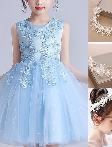  Kinder Mädchen Stickerei Kleid Blumenkleid Pailletten Marineblau Knielang Ärmellos Prinzessin Süße Kleider Regular Fit 3-12 Jahre mit Kinderkopf Blume