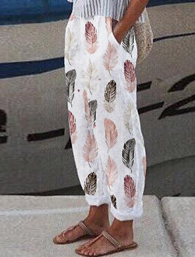  Damen Hose aus Baumwollleinen Hosen Hose Alltagstauglich Lang Blumen Feder Seitentaschen Druck Atmungsaktivität Bequem Unelastisch Ausgehen Wochenende Weiß Gelb Rosa Beige Frühling & Sommer Normale