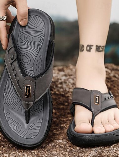  Ανδρικά Σανδάλια Παντόφλες & flip-flops Ρετρό Περπάτημα Καθημερινό Καθημερινά Διακοπές Παραλία Δέρμα Άνετο Σκούρο γκρι Σκούρο καφέ Καλοκαίρι