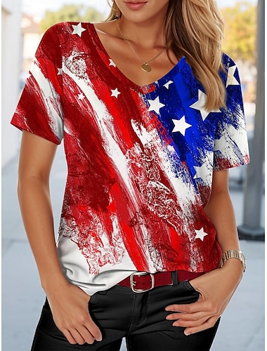  Día de la Independencia Camiseta Patriótica de Mujeres Cuatro de Julio Estilo Bandera Americana Casual Rojo Blanco y Azul Manga Corta Cuello en V Tops Regulares Print Diario Rojo Verano