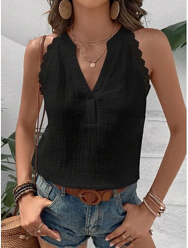 Damen Top Camisole Weste Unifarben Einfach Alltag Basic Ärmellos Eingeschnittener Hals Reguläre Tops Alltag Spitzenbesatz Schwarz Weiß Beige Sommer