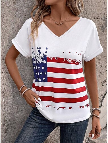  Onafhankelijkheidsdag Vrouwen Patriottische Vierde Juli T-Shirt Amerikaanse Vlag Print V Hals Rood Wit En Blauw Korte Mouw Casual Zomer Tee Rood Wit Blauw Comfortabel Lichtgewicht Top voor Dagelijks
