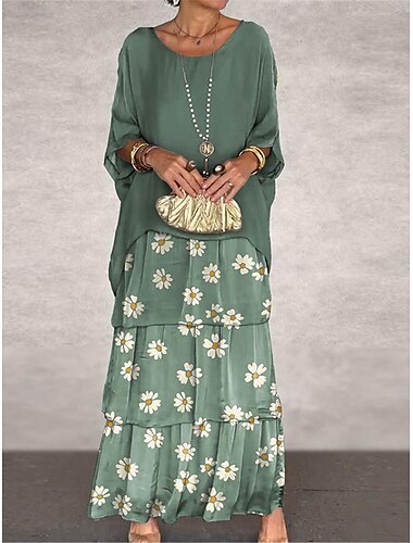  dames chiffon jurk bloemen ruche print ronde hals maxi jurk elegante bruiloft feest 3/4 lengte mouw zomer